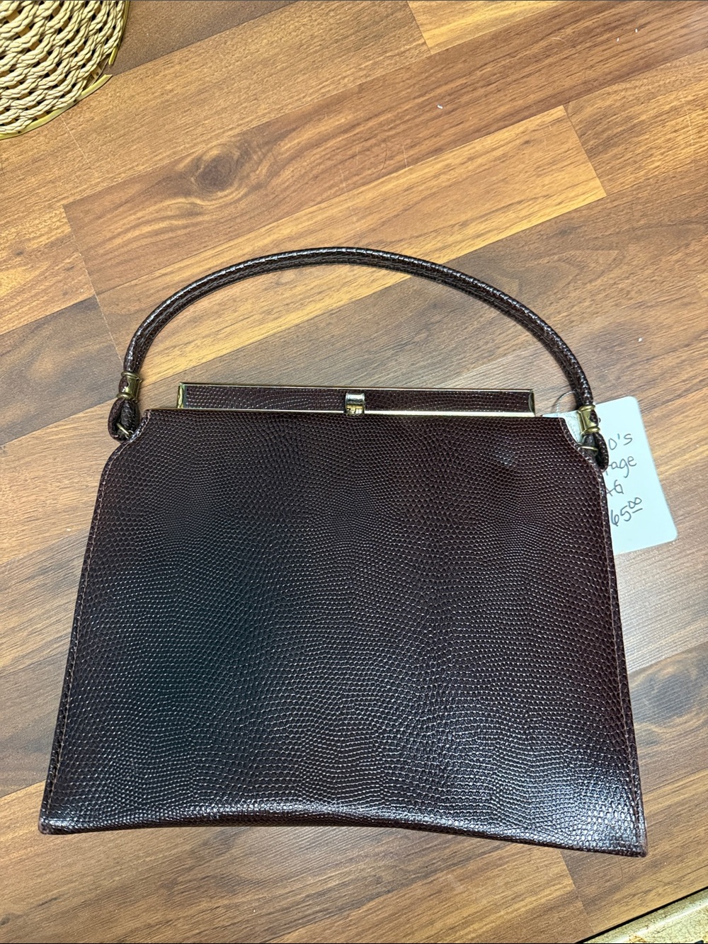 Classic Brown Structured Top-Handle Clutch with Gold Trim